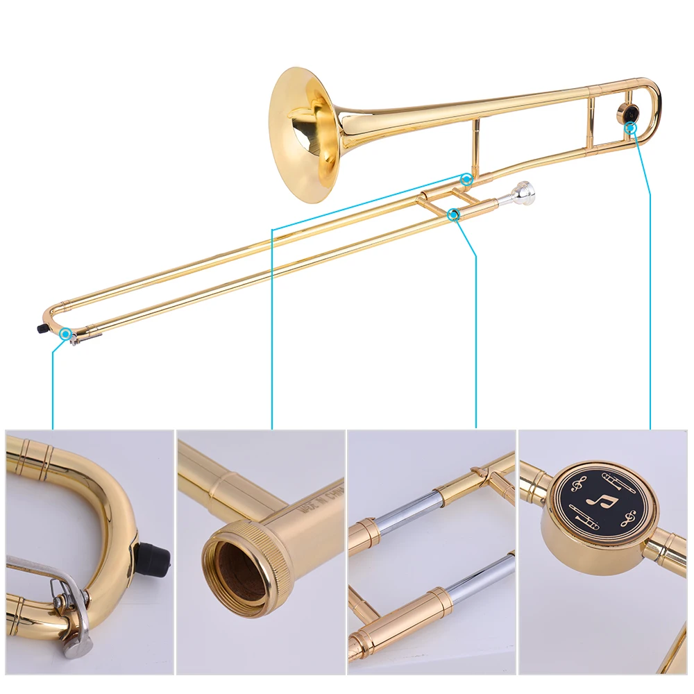 ammoon Tenor Trombone Brass Gold Lacquer Bb Tone B flat Wind Instrument with Cupronickel Mouthpiece Cleaning Stick Case | Спорт и