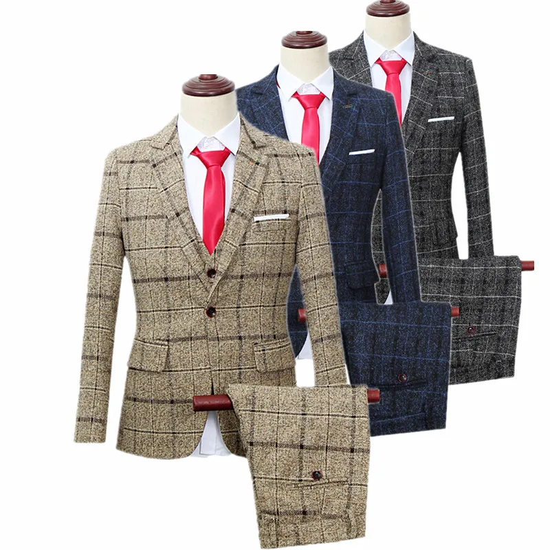Мужской Комплект из трех предметов приталенный костюм большого размера в клетку