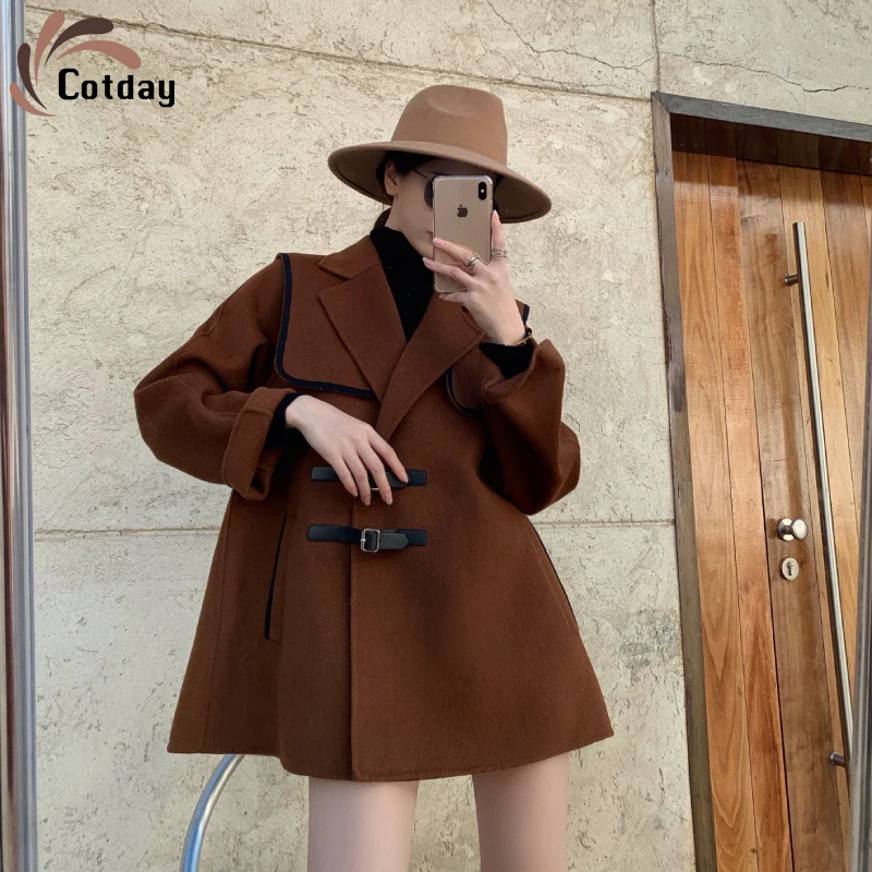 

Плотное дизайнерское Коричневое Пальто Cotday маленького размера, пальто коричневого цвета в стиле Хепберн, винтажное Женское пальто средней ...