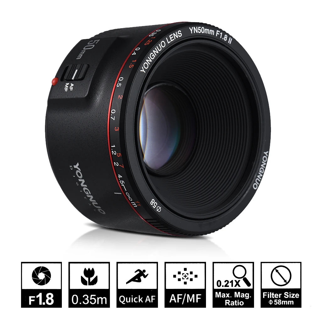 Объектив YONGNUO YN50mm F1.8 II с большой апертурой и автофокусом для объектива Canon