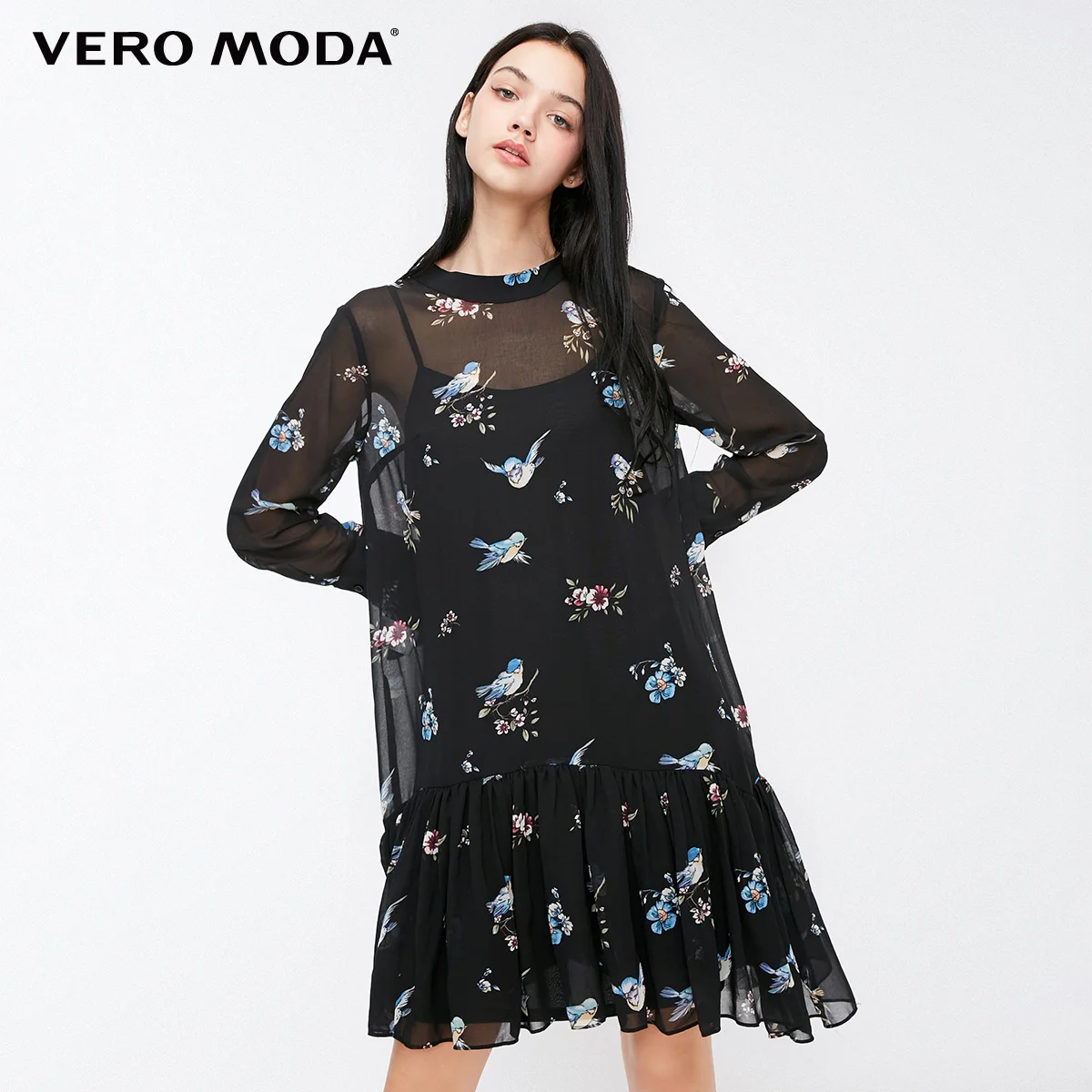 Vero Moda Новое поступление платье женское винтажное шифоновое платье трапециевидной формы со шнуровкой и принтом | 31837D522 - Цвет: Black