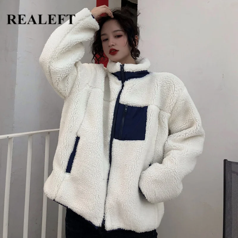 REALEFT зимний толстый кардиган с отложным воротником меховая женская куртка пальто