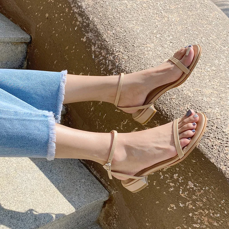 

Simple Word Belt Sandals Female 2021 Summer New Style Korean Soft Bottom Fashion Thick Heel Open Toe Fairy Roman Sandals
