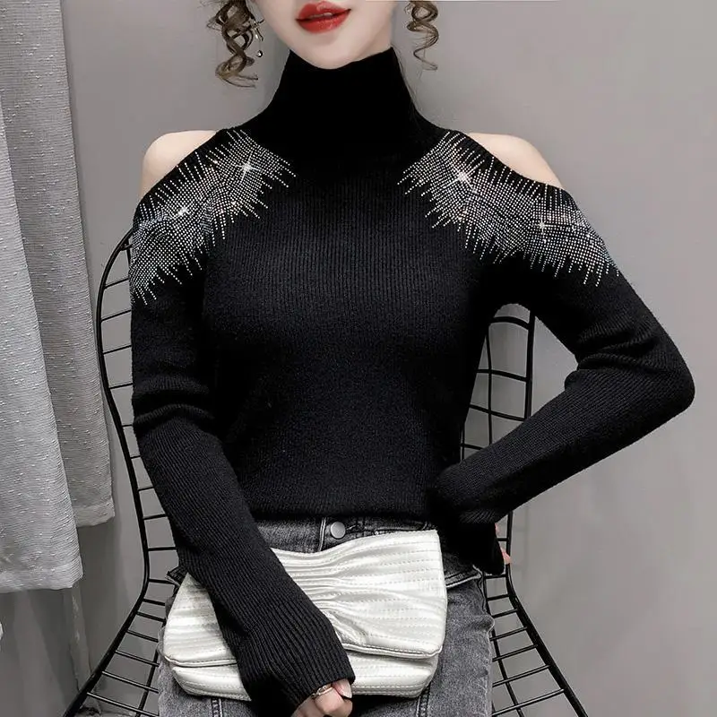 

2021 Autumn and Winter New Bottoming Sweater Ladies with Foreign Style Fashion Slim Diamond Semi-high Collar Shoulder Sweater
