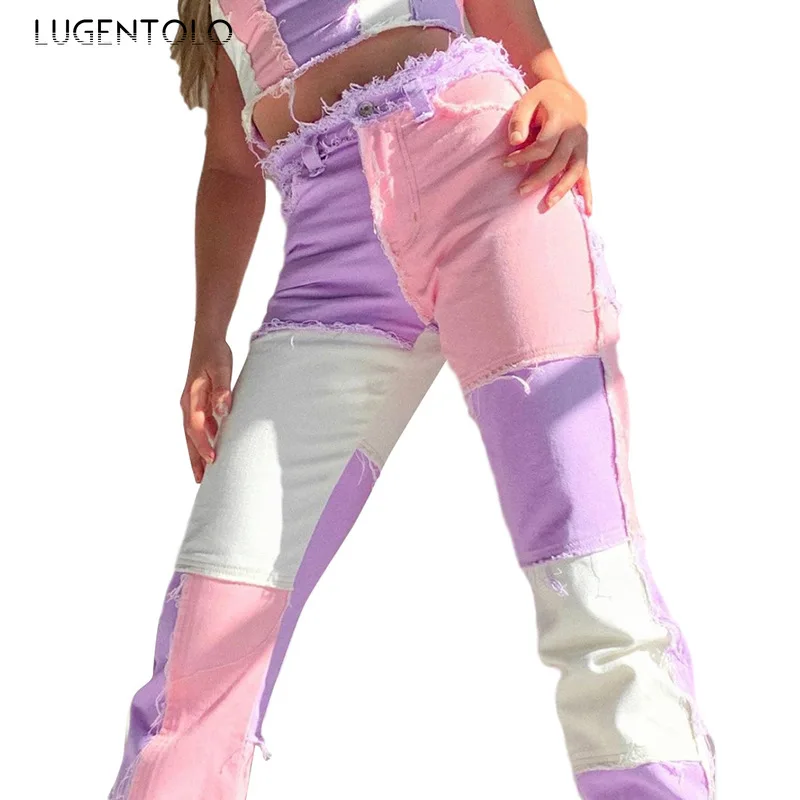 

Spring Summer Women's Jeans New High Waist Color Matching Cuffs Slim-Fit Street Fashion Female All-match Slim Jeans Lugentolo