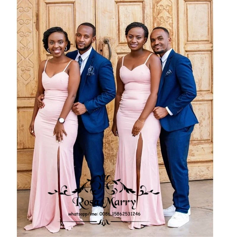 

Pink Plus Size Mermaid Bridesmaids Dresses 2021 African Long Satin High Split Cheap Wedding Guest Gowns Maid Of Honors for Women