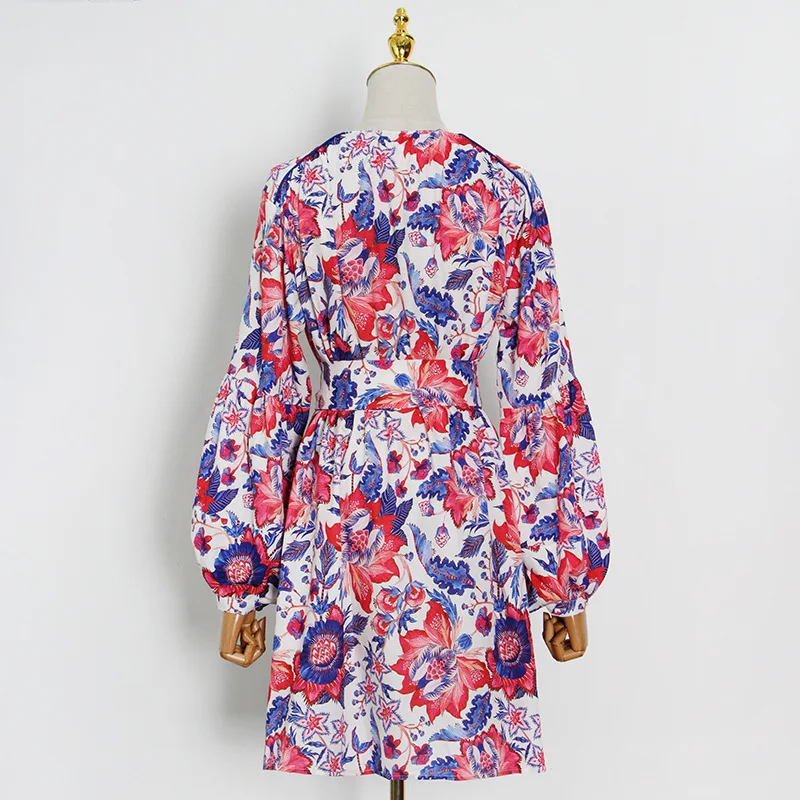 

MSXU Design summer dress 2021 new floral printing and dyeing high-waist lace-up V-neck short A-line Women dress