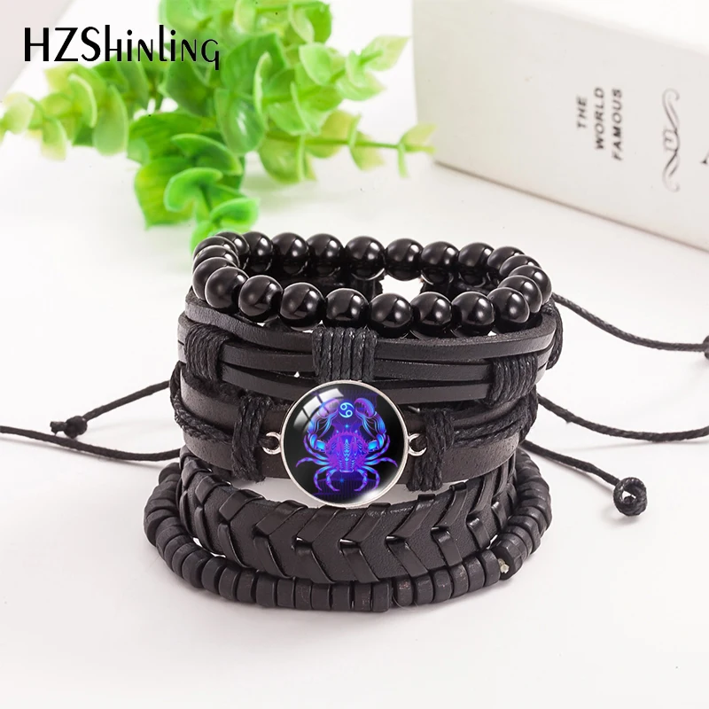 

2021 New 12 Zodiac Signs Leather Bracelet 5pcs/set Leo Cancer Aries Men's Bracelets Glass Dome Jewelry Gifts Handmade