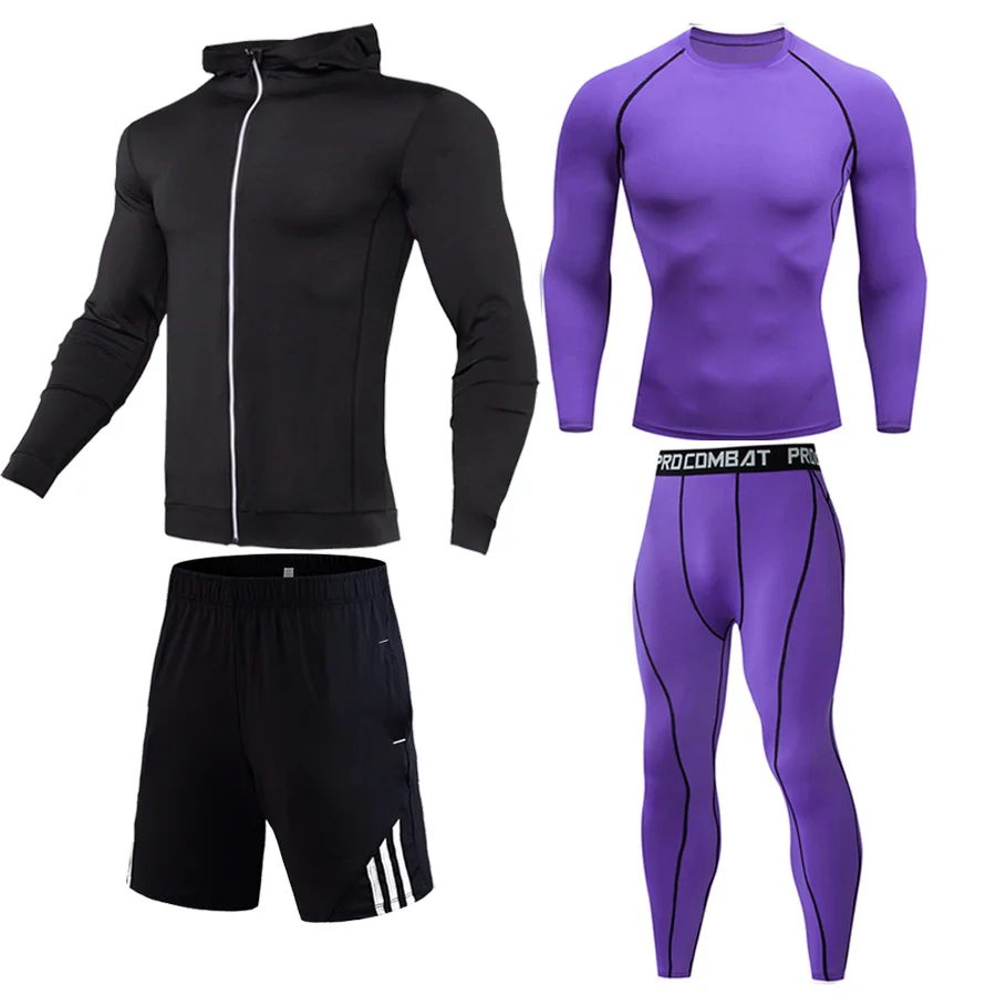 4 piece set Мужской зимний костюм для защиты от пониженных температур, спортивный костюм на молнии, спортивная куртка+ футболка+ штаны+ шорты, беговые, беговые, для отдыха, тренажерные залы, спортивный костюм - Цвет: 4 piece set