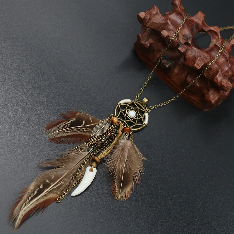 Vintage Punk Feather Women's necklace Ethnic Dream catcher Long pendant chain Bohemian fow women | Украшения и аксессуары