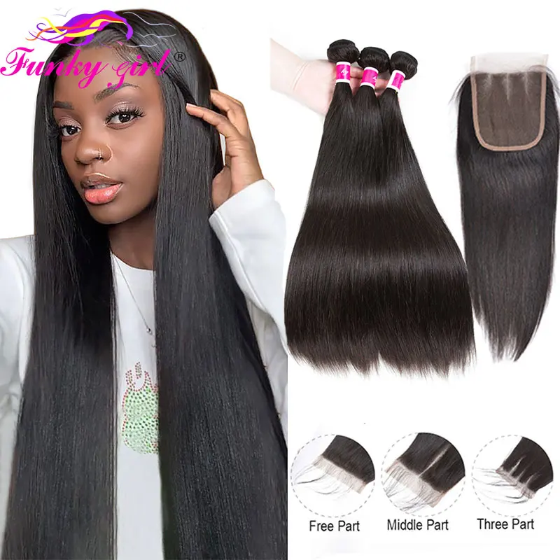 Волнистые волосы для девочек 3 пучка с кружевной застежкой прямые закрытыми