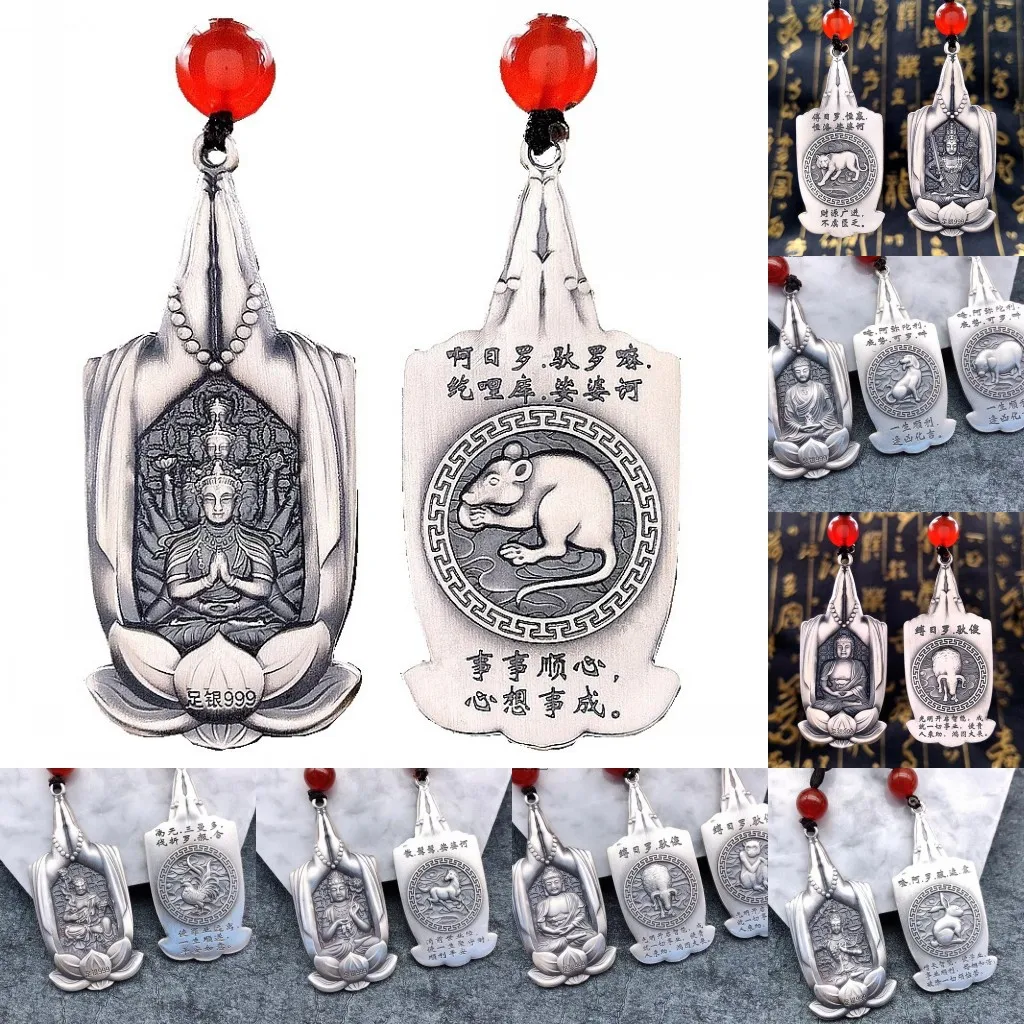 

BOCAI S999 Sterling Silver Pendant Life Guardian Buddha Lotus Zodiac Buddhist Hand Pure Argentum Square Amulet For Men Women