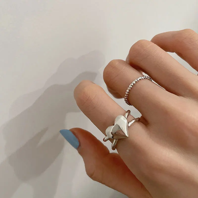 

PANJBJ 925 Sterling Silver Double-Layer Love Ring Open Ring Female Niche Design Cold Wind Fashion Personality Jewelry