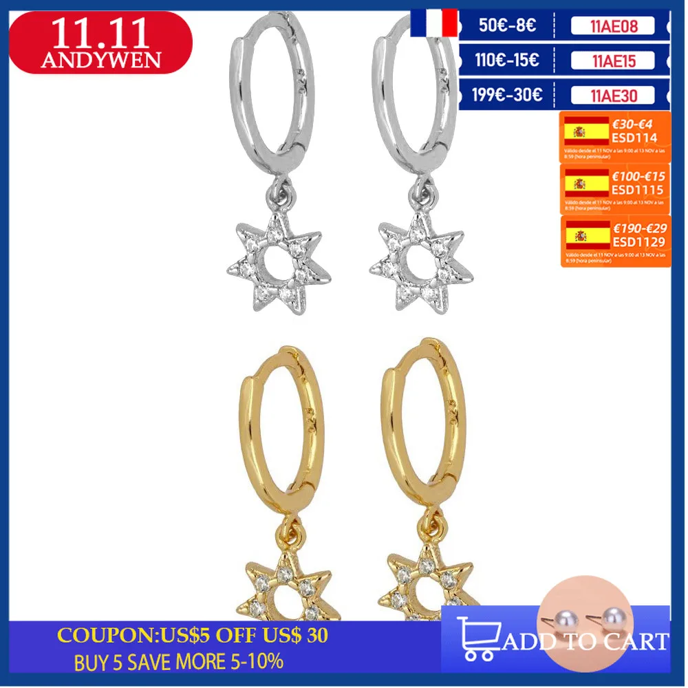 

Серьги-подвески ANDYWEN из стерлингового серебра 925 пробы с цирконом, роскошные круглые серьги-кольца в форме звезды, модные ювелирные изделия ...