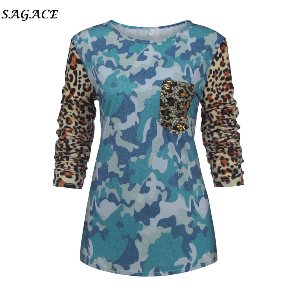 Женские топы с леопардовым принтом Sagace лоскутные камуфляжные Топы длинным