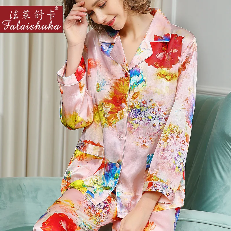 New sweet Pink Flowers 100% silk pajamas sets women sleepwear long sleeves Korean sexy Elegant genuine silk womens pyjamas T8219