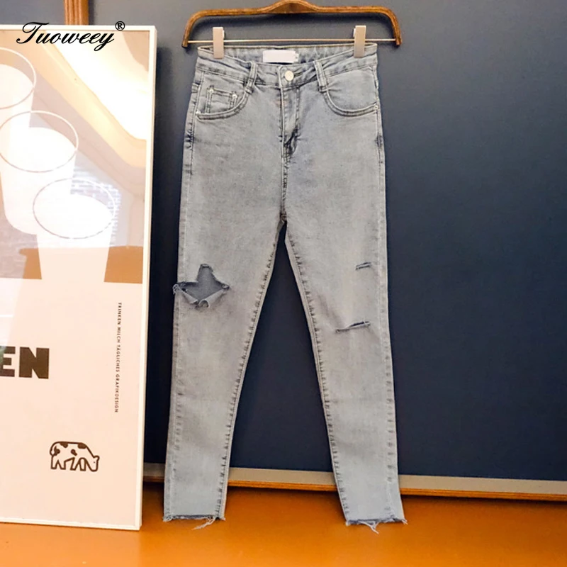 

Capris Women Skinny Pencil Jeans 2019 Autumn Chic Ripped Holes Stretch Women Denim Jeans High Waist Female Denim Pants