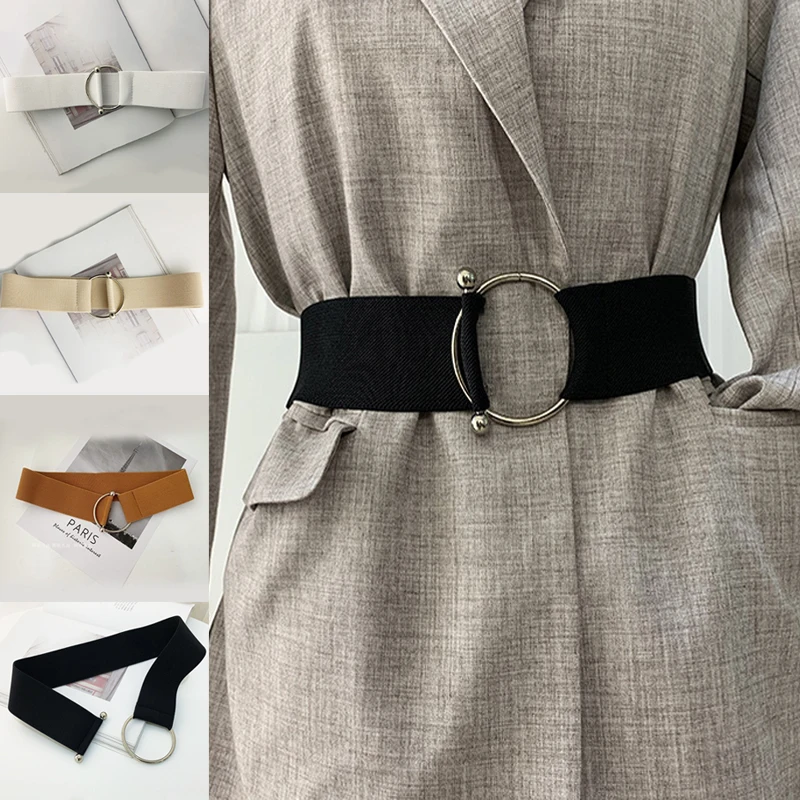 

Women Dress Belt New Simple Black Wide Elastic Waist Belt Round Metal Buckle Stretch Waist Band Solid Color Coat Sweater Belts