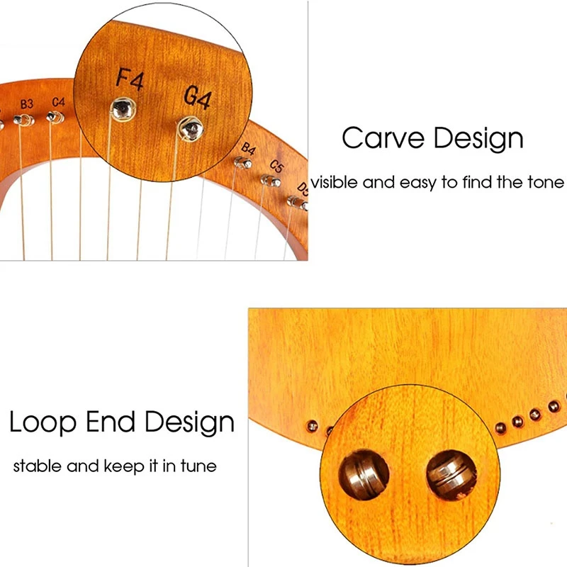 16-String Mahogany Lyre Harp Instrument with Tuning Key Antique Style Carving for Music | Спорт и развлечения