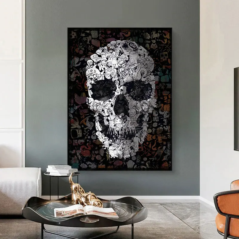 Картина на холсте Рисунок каракули череп черно-белые настенные художественные