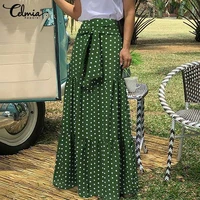 celmia casual skirt women bohemian polka dot print maxi long skirt 2021 holiday high waist pleated bandage summer sexy bottoms