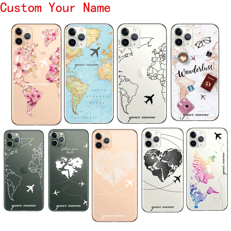 

Personalized Custom Name Text World Map Soft Clear Cover Phone Case For iPhone 11 12 13 Pro X XR XS MAX 6 7 8 6s SE Mini Plus 5s