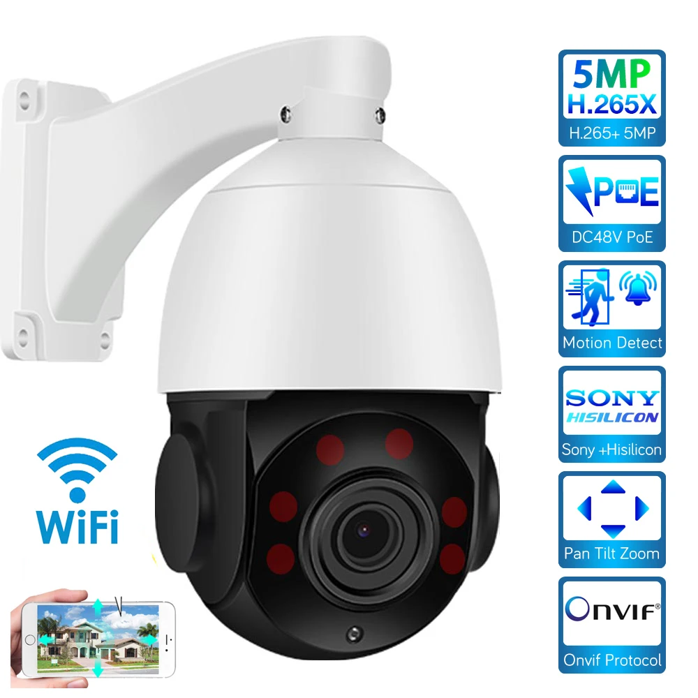 Купольная камера Full HD 2592x1944 PTZ 5 МП 20x оптическая зум IP ИК ночное видение Montion Detection H.265 P2P Onvif|Камеры