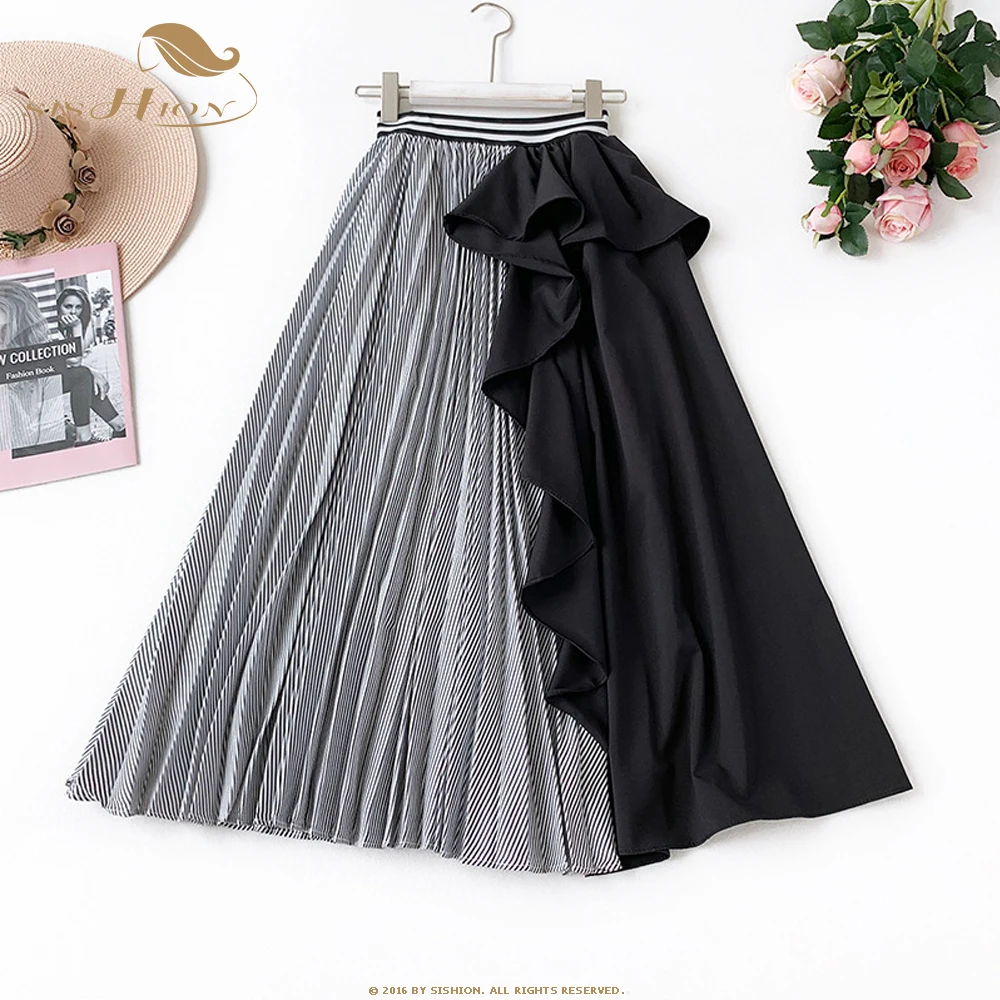 

SISHION 2021 Korean Style Patchwork Women Skirt femme jupes SP1343 Spring High Waist Ruffles Striped Long Midi Skirt