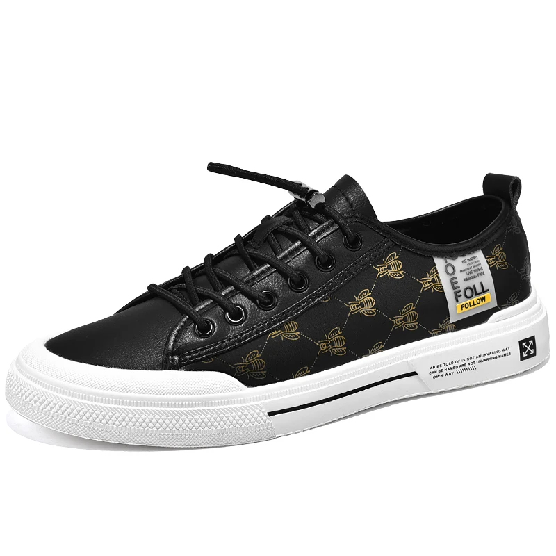 

Men Casual Shoes Luxury Brand Fashion Black White Sneakers Men 100% Leather Breathable Soft Walking Leather bee casual sneakers