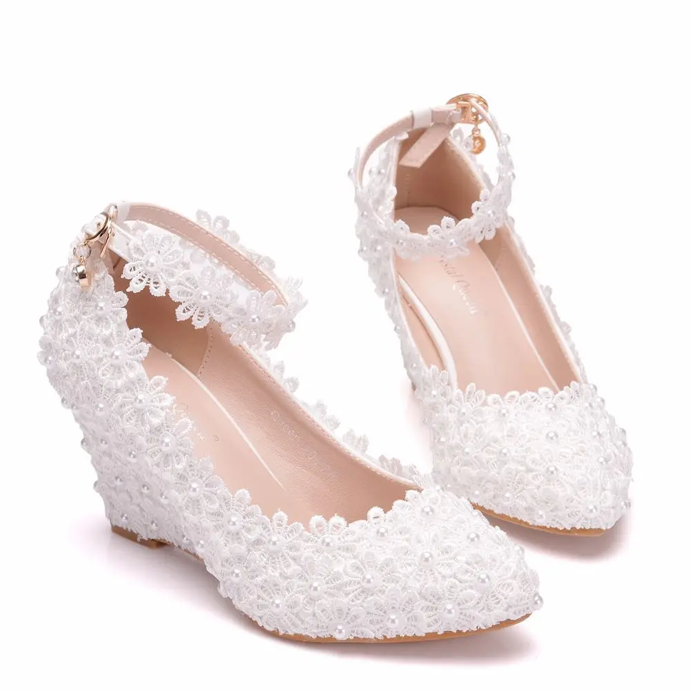 

8cm pointed slope heel shoes women's spring autumn buckle single shoes foreign trade Large White Lace Beaded Wedding Shoes