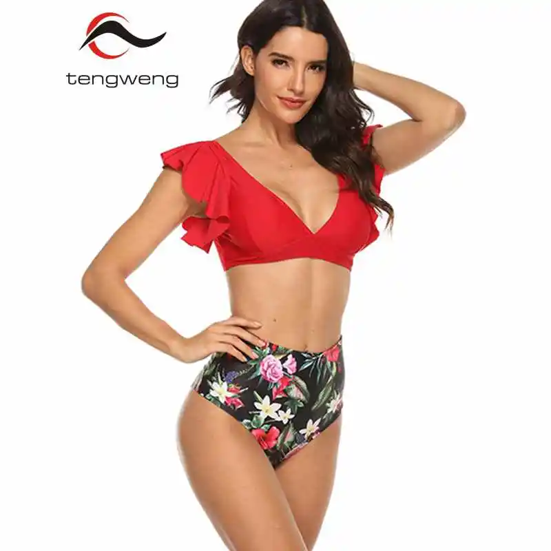 red bikini Tengweng, бикини с оборками,, сексуальный купальник из 2 частей, бикини, женский купальник с принтом, бандаж, пуш-ап, пляжная одежда, плюс размер, купальный костюм - Цвет: red bikini