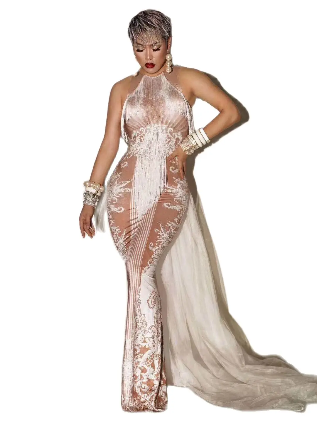 

White Tassel Evening Long Dress Women Bodycon Dress Prom Birthday Party Formal Dress Singer Show Mullet Dress