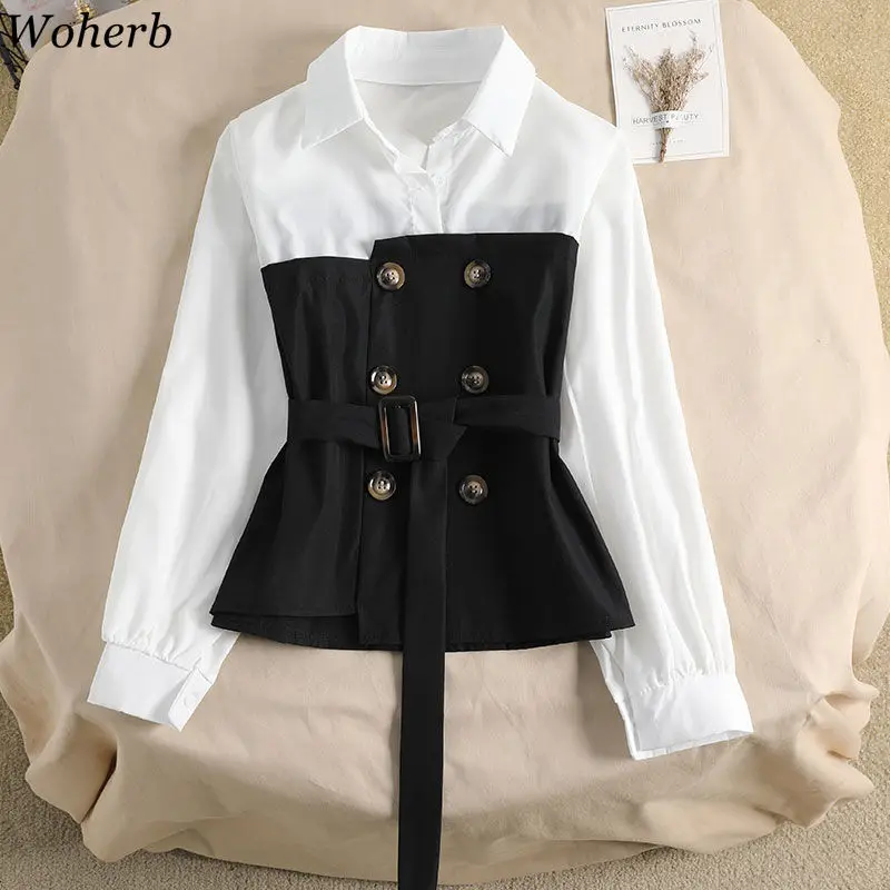 Блузка Woherb с имитацией двух предметов длинным рукавом в стиле пэчворк пуговицами