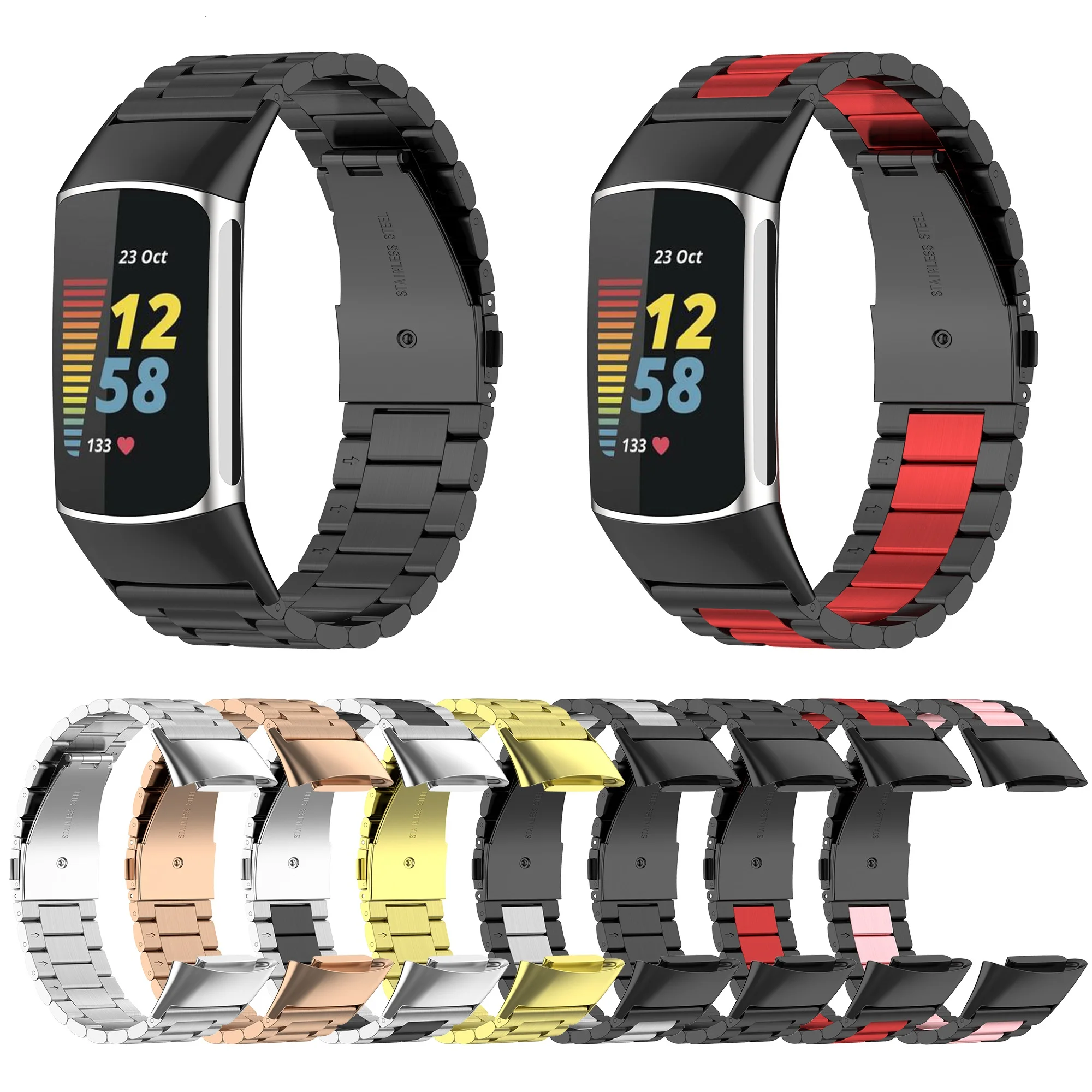 

5 Classic Stainless Steel Strap For Fitbit Charge Metal Three Bead Slingshot Buckle Watch Band Silicone Watchband Strap Correa
