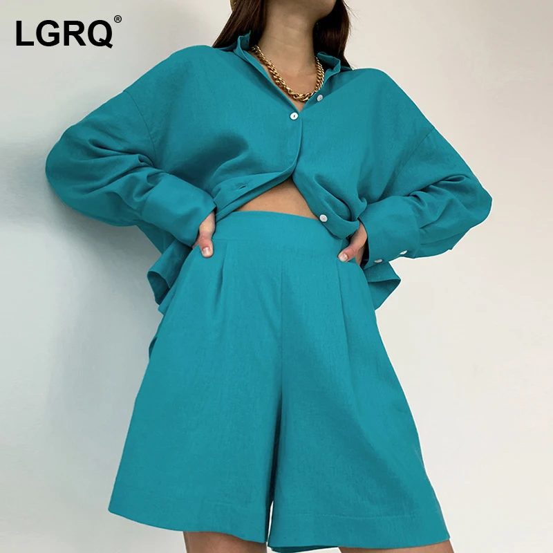 

[LGRQ] Women Wide Leg Blue Casual Shorts New Arrival High Waist Loose Fit Trousers Fashion Tide Spring Summer 2021 19D2525