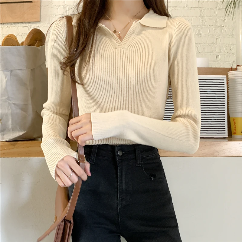 Женский свитер с воротником-поло приталенный пуловер большого размера в