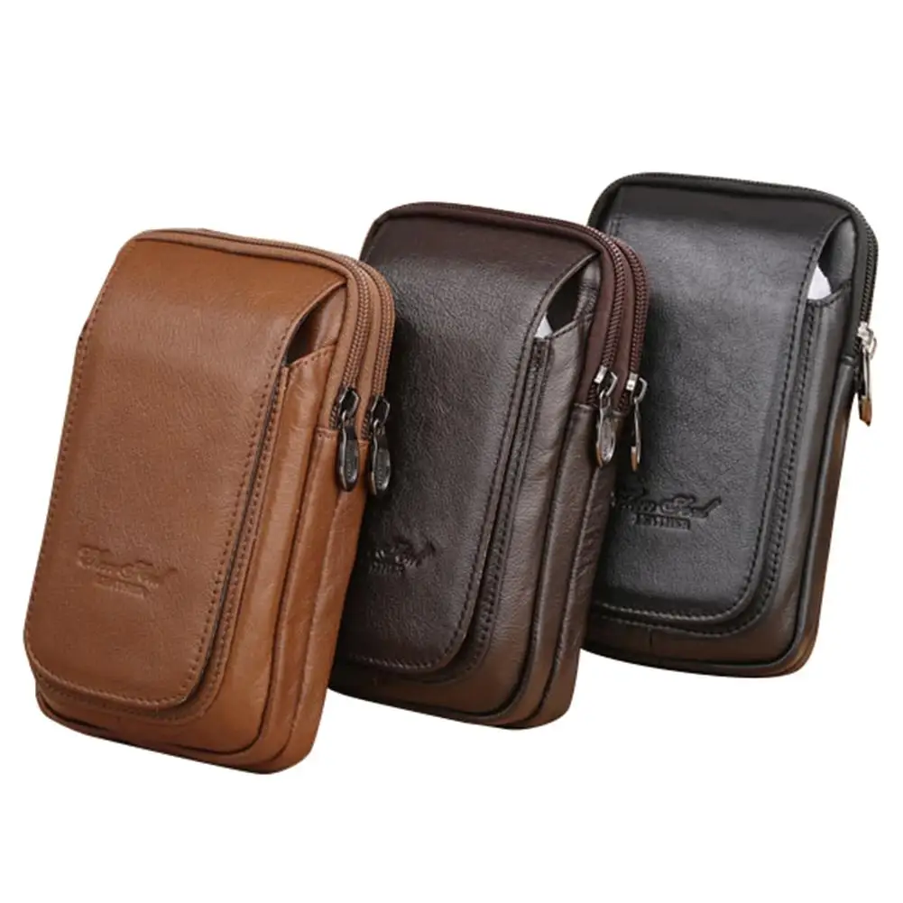 

Casual Genuine Leather Zipper Man Belt Hook Multi-Pocket Waist Bag Phone Pouch