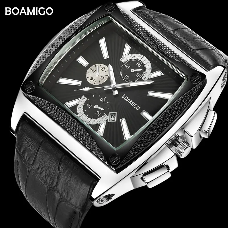 BOAMIGO Брендовые мужские деловые кварцевые часы с кожаным ремешком автоматические