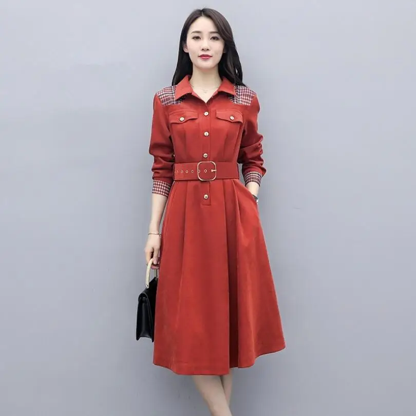 

2020 New Women's Dress Autumn And Spring French Long Sleeve Lady Dresses Red Colour With Slim Waist Length Shirt Skirt .
