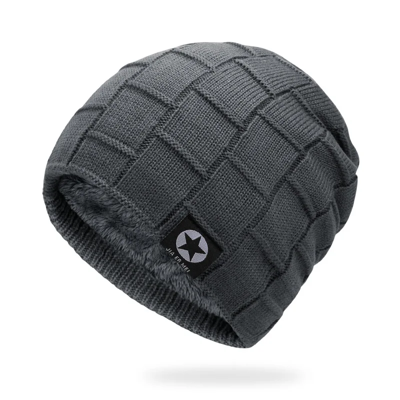 

Hat Male Winter Thickened Woolen Hat Men Women Autumn and Winter Warmth Plus Plush Cap Cap Five Star Square Lattice Knitting Cap