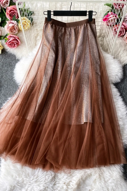 

Spring Summer Brown Tulle Pleated A Line Midi Skirt high waist Female Long skirt women
