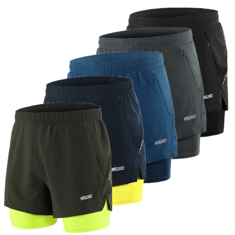 

Шорты мужские спортивные 2 в 1, быстросохнущие, с карманами на молнии, для тренировок и бега