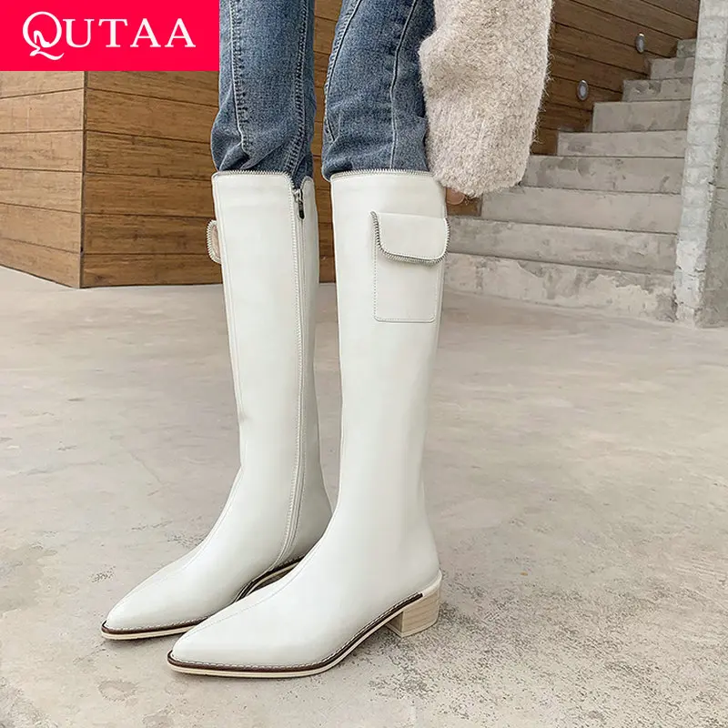 

QUTAA 2022 Keep Warm Knee High Boots Autumn Winter Genuine Leather Women Shoes Pointed Toe Med Heel Woman Boots Size 34-39