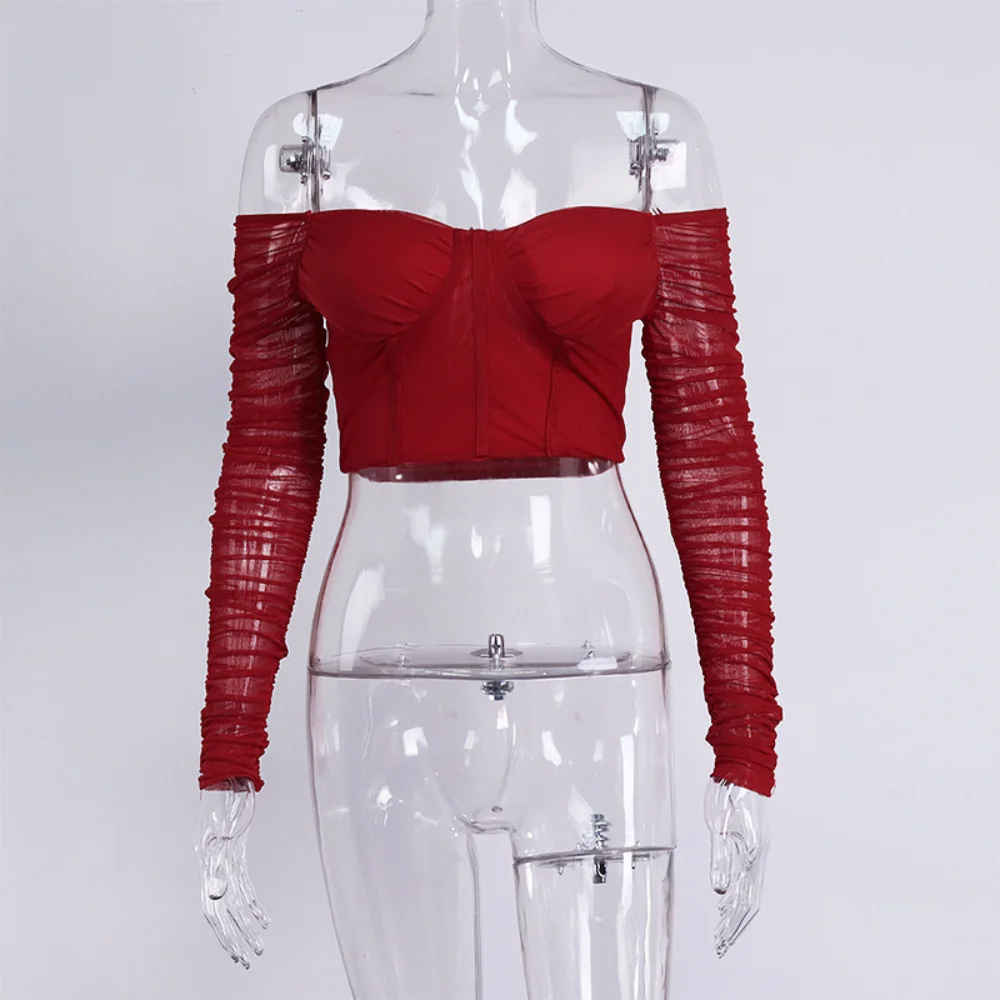 

Romantic See Though Padded Croped Corset Top Women Stylish Mesh Sleeve Vacation Crop Top Skinny Tshirt Casual Streetwear Female