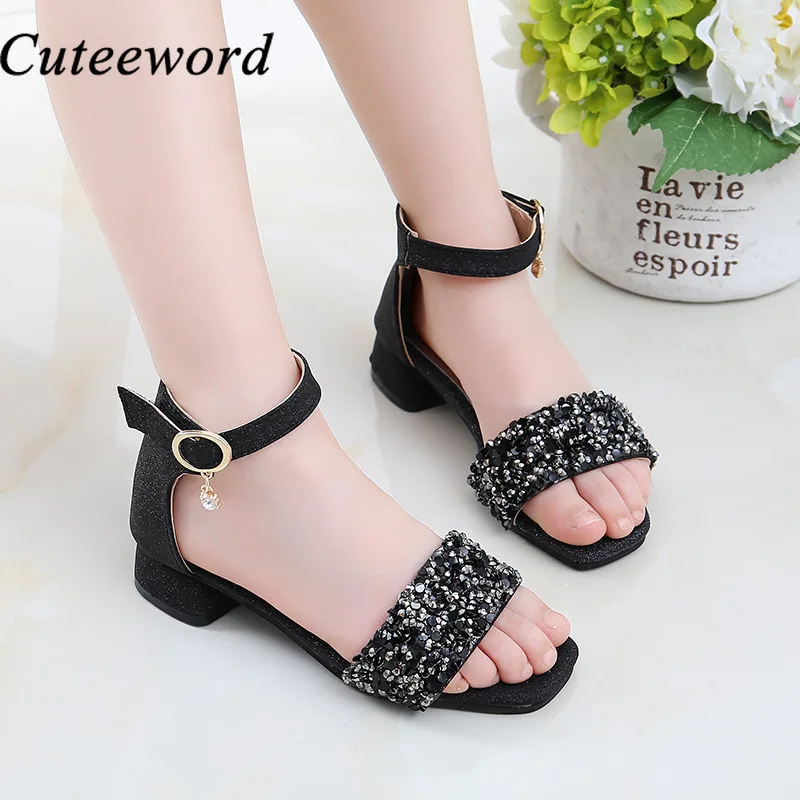

Pink Black Silver High Heels Kids Girls Sandals Summer 2021 New Fashion Princess Shoes Open-toed Roman Shoe Shiny Sequins