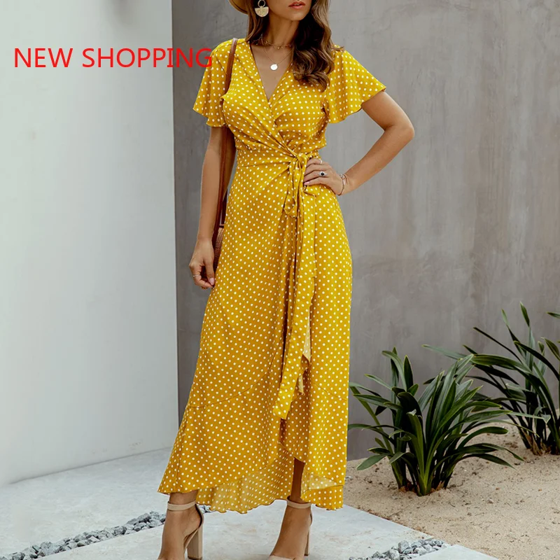 

Summer Maxi Dress Women Polka Dot Sexy V Neck Ruffles Short Sleeve Holiday Long Beach Sundress Ladies Lace Up Wrap Party Dresses