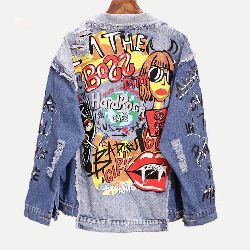 

Vrouwen Blue Denim Losse Punk Jas Knop Pocket Turn Down Kraag Brief Graffiti Print Gat Hip Hop Stijl Ladies jacket