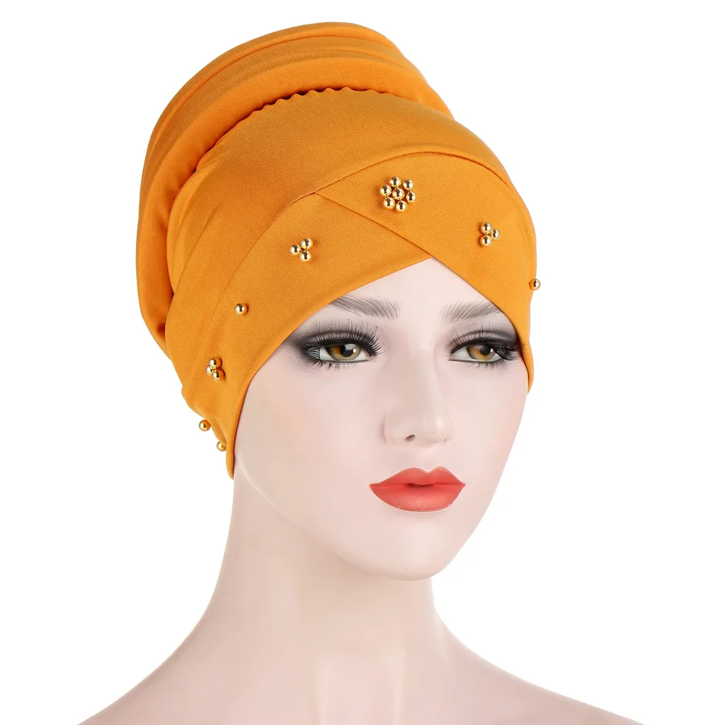 

Pure color Turban Cap pearl sponge headtie