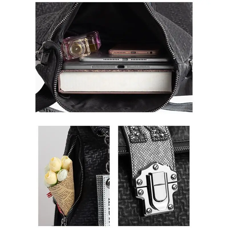 

Women's Backpack Leather Fashion Tide Backpacks Compound Cowhide Teenager Girls School Bags Personality Anti-theft Flash Diamond