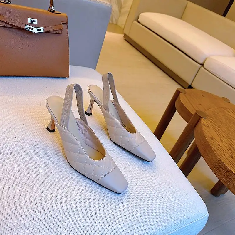 

Vichelo Hot 2021 cow leather brand shoes thin high heels elastic band square toe gingham prints slingback women summer pumps L81
